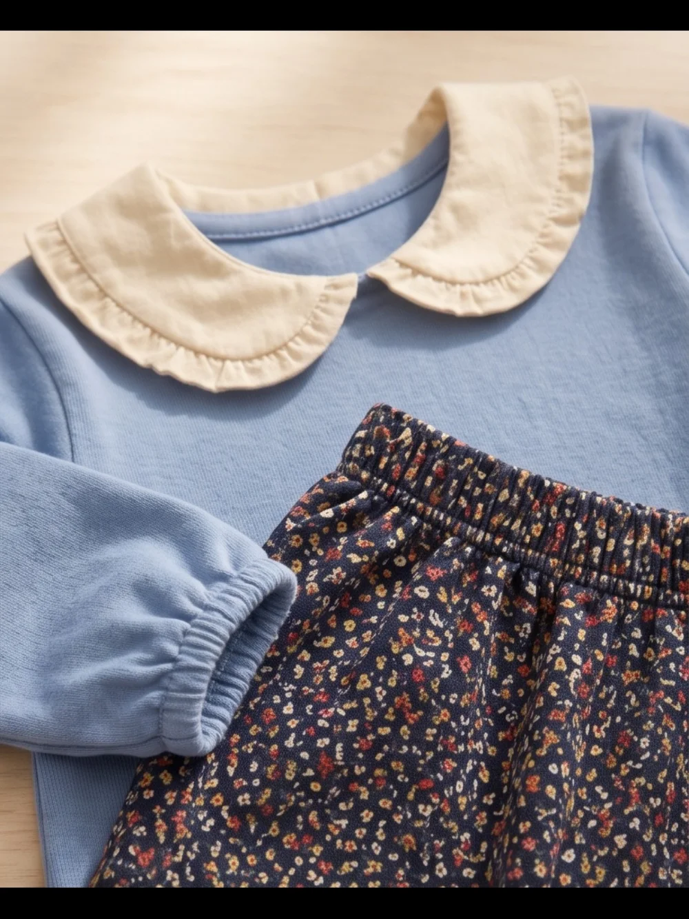 Edgehill Collection Blue Top with Cream Peter Pan Collar and Navy Floral Pants